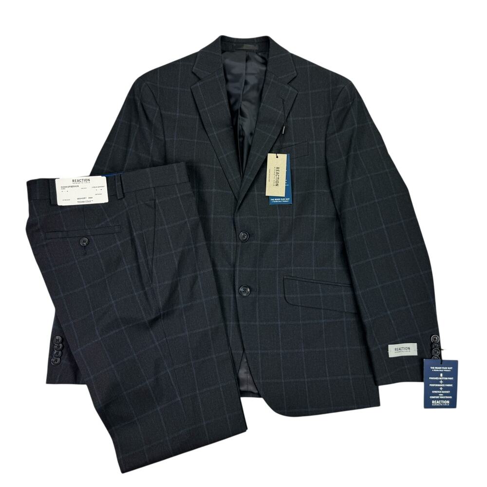 Kenneth Cole Mens 2-Piece Slim Fit Ready Flex Windowpane Suit Dark Blue 36S 29W